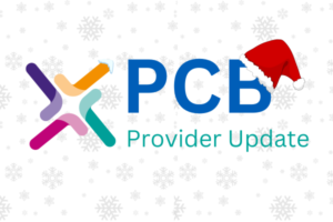 Festive PCB Provider Update. The letter B has a Christmas hat hanging from the top of it. Snowflakes appear in the background