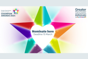 This image shows a rainbow star, there are 6 colours. Blue, pink, green, orange, purple, red. Text in the centre of the star reads ‘Deadline 15th March.’ Greater Manchester Integrated Care Partnership.