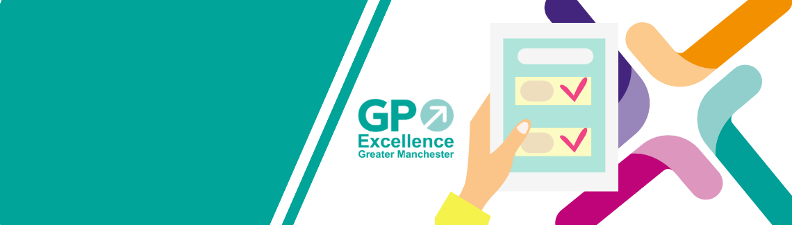 Image of a person's hand holding an application form. GP Excellence logo appears in the middle of the banner. PCB coloured logo across the back of the image
