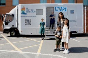 Image of NIHR research van with two members of the public stood in front of it