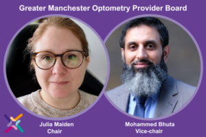 Image of Julia Maiden and Mohammed Bhuta in circle shapes side by side. Julia#s image is the the left and Mohammed to the right. Text under Julia's image reads Julia Maiden, Chair. Text under Mohammed image reads Mohammed Bhuta Vice-chair. Text across the top of both images reads Greater Manchester Optometry Provider Board