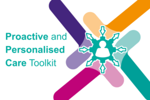 Image of PCB visual identity logo with image inside consisting of an icon of a person surrounded by an 8 pointed star shape. Text reads Proactive and Personalised Care toolkit