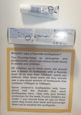 Vallance Dental Care's display for Smile Month explaining the importance of using a toothpaste containing the correct amount of fluoride